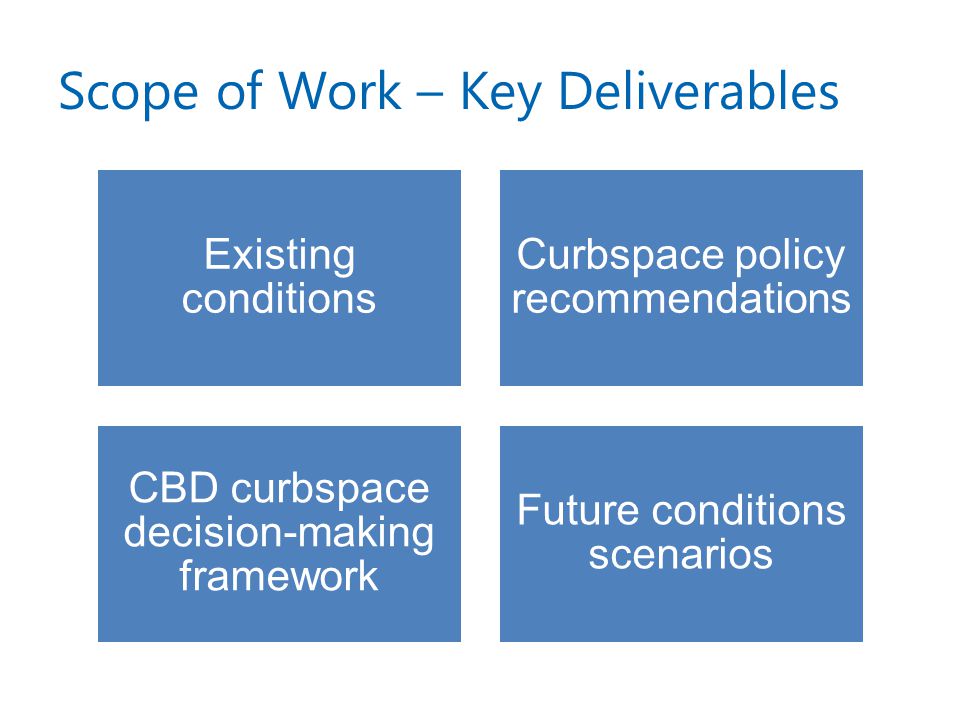 Scope of Work – Key Deliverables Existing conditions Curbspace policy recommendations CBD curbspace decision-making framework Future conditions scenarios