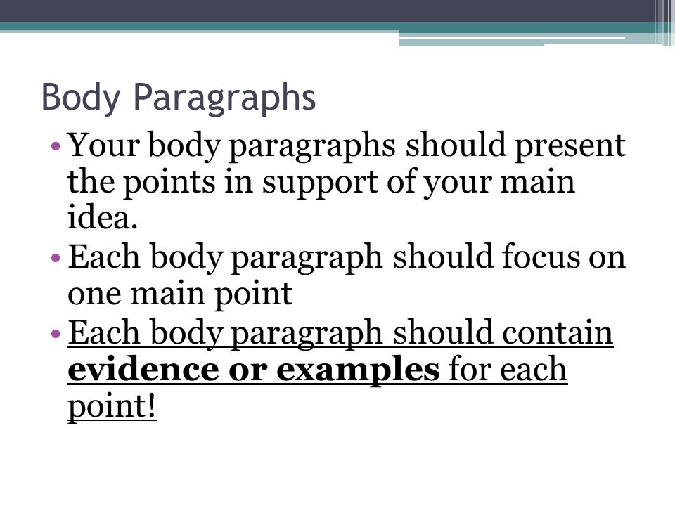 Body Paragraphs Your body paragraphs should present the points in support of your main idea.
