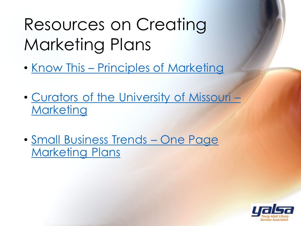 Know This – Principles of Marketing Curators of the University of Missouri – Marketing Curators of the University of Missouri – Marketing Small Business Trends – One Page Marketing Plans Small Business Trends – One Page Marketing Plans Resources on Creating Marketing Plans