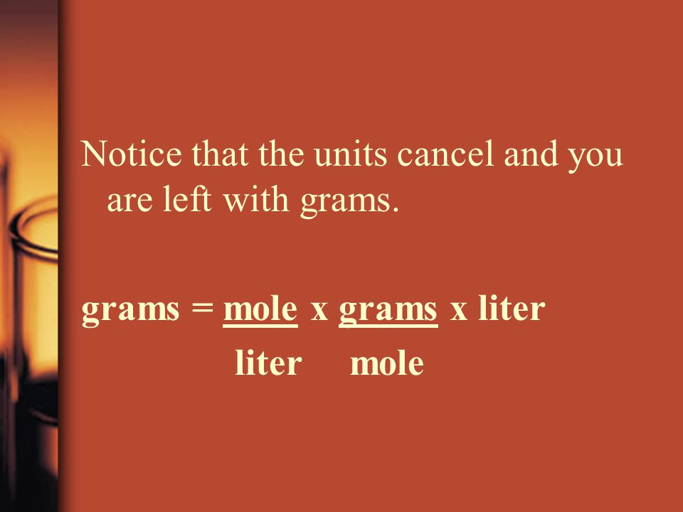 Notice that the units cancel and you are left with grams. grams = mole x grams x liter liter mole