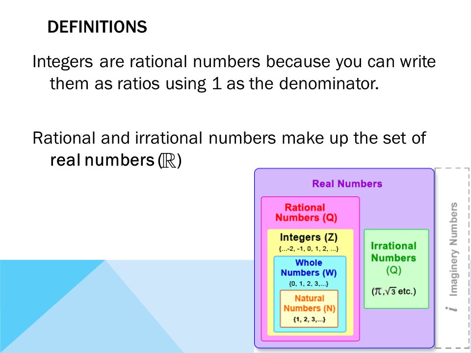 DEFINITIONS Integers are rational numbers because you can write them as ratios using 1 as the denominator.