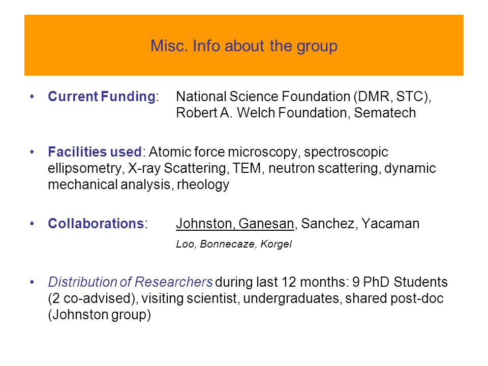 Misc. Info about the group Current Funding: National Science Foundation (DMR, STC), Robert A.