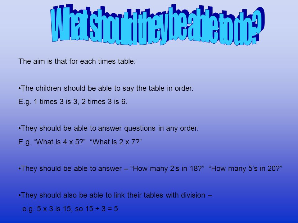 The aim is that for each times table: The children should be able to say the table in order.