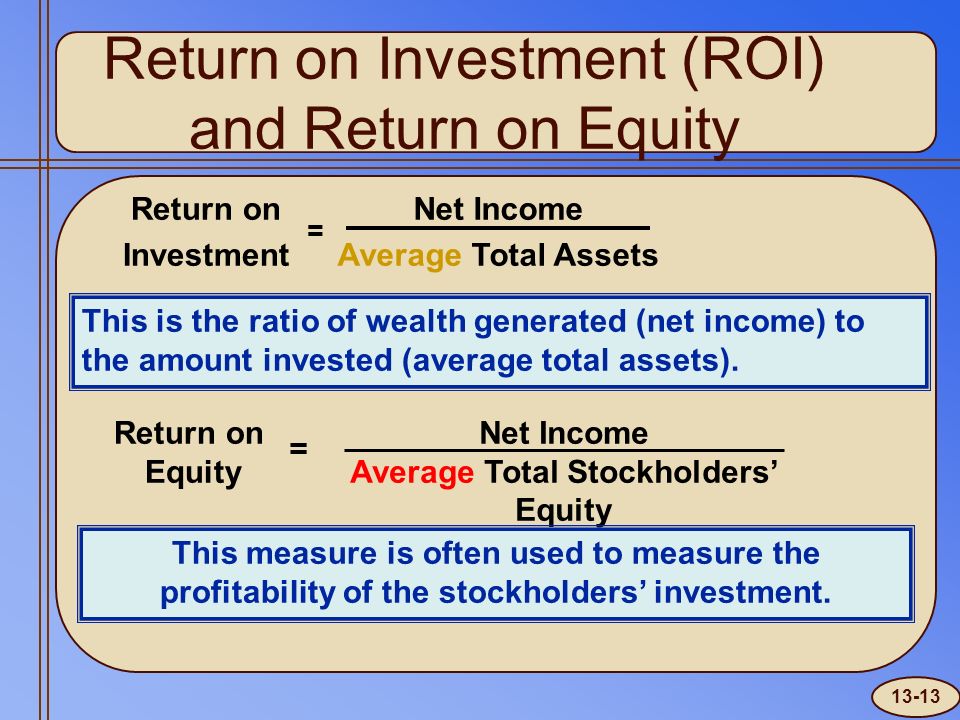 Return on Investment (ROI) and Return on Equity This is the ratio of wealth generated (net income) to the amount invested (average total assets).