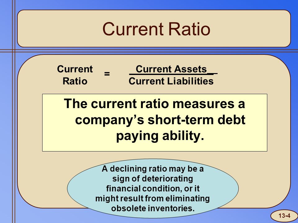 Current Ratio The current ratio measures a company’s short-term debt paying ability.