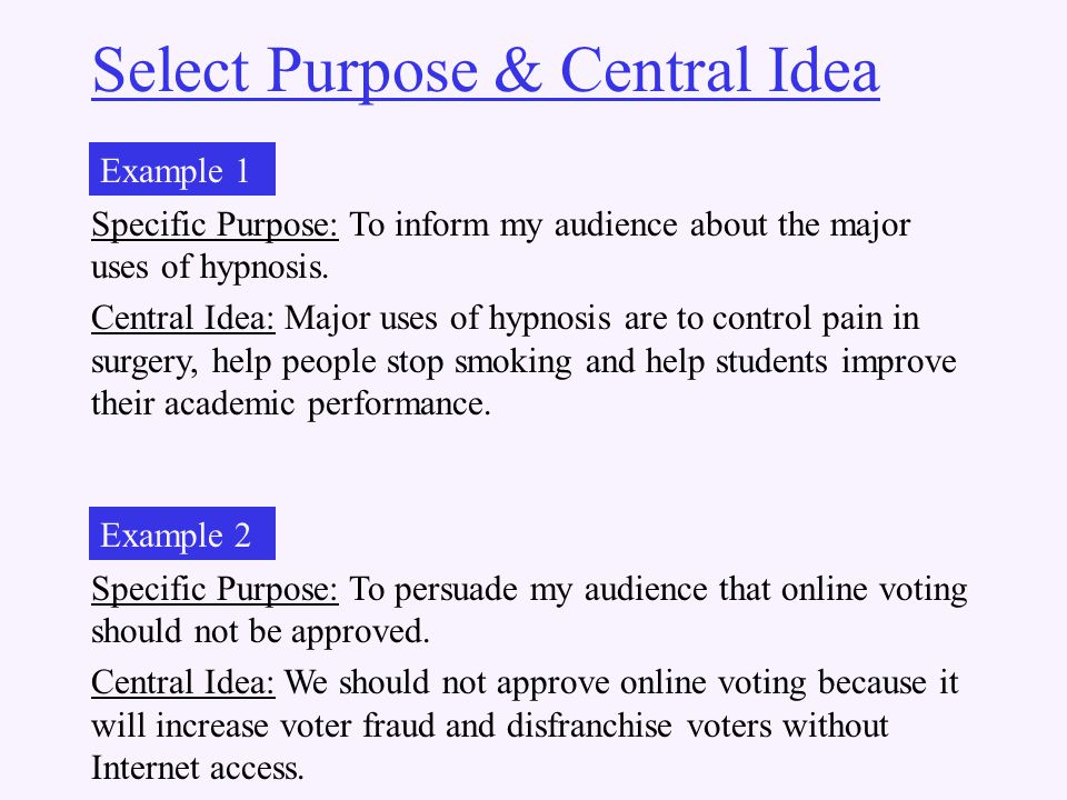 Select Purpose & Central Idea Specific Purpose: To inform my audience about the major uses of hypnosis.