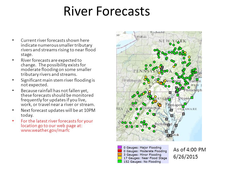 River Forecasts Current river forecasts shown here indicate numerous smaller tributary rivers and streams rising to near flood stage.