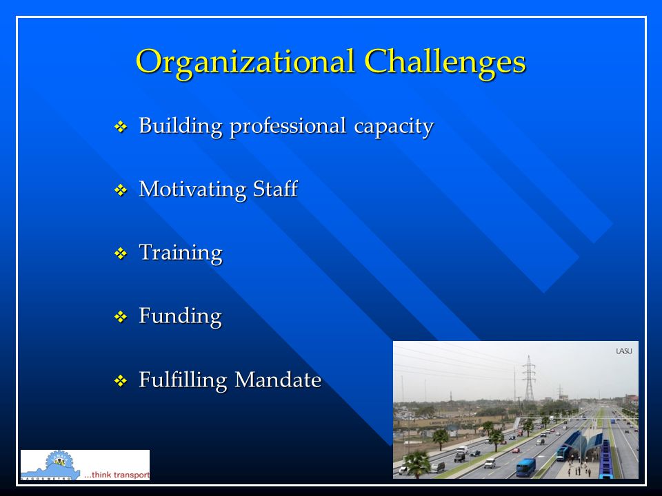 Organizational Challenges  Building professional capacity  Motivating Staff  Training  Funding  Fulfilling Mandate