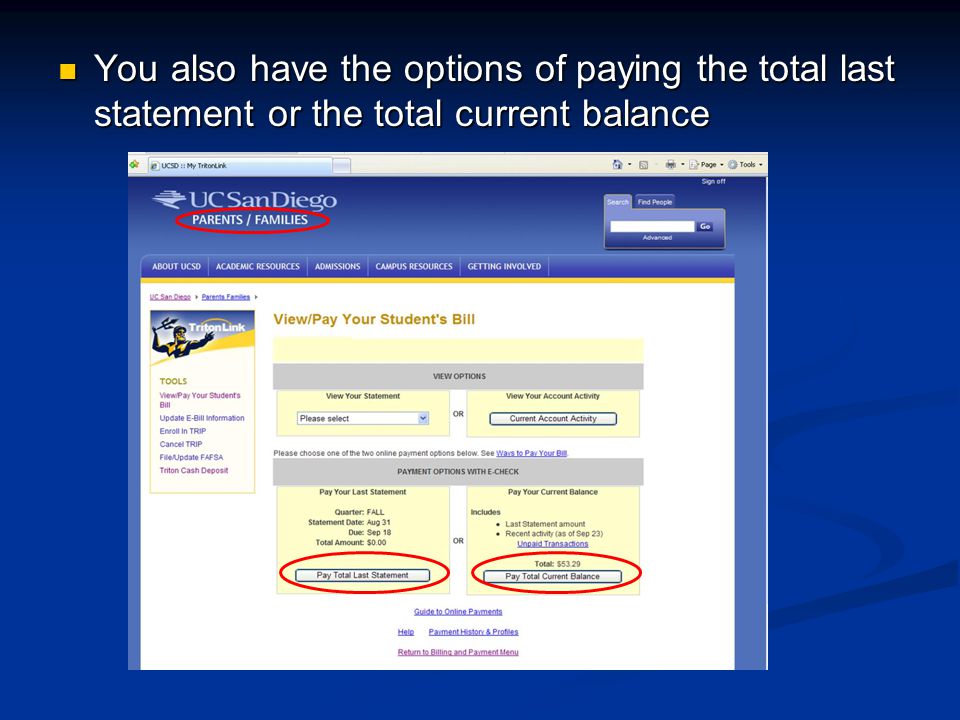 You also have the options of paying the total last statement or the total current balance You also have the options of paying the total last statement or the total current balance