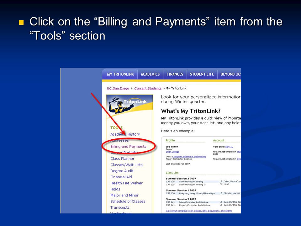 Click on the Billing and Payments item from the Tools section Click on the Billing and Payments item from the Tools section