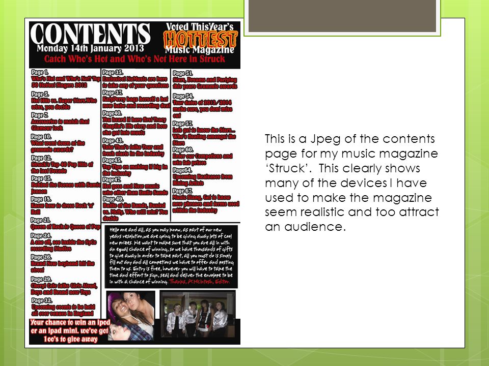 This is a Jpeg of the contents page for my music magazine ‘Struck’.