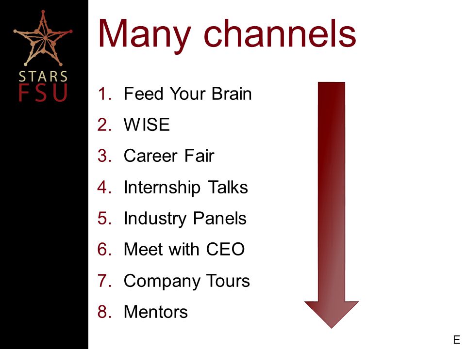 Many channels 1.Feed Your Brain 2.WISE 3.Career Fair 4.Internship Talks 5.Industry Panels 6.Meet with CEO 7.Company Tours 8.Mentors E