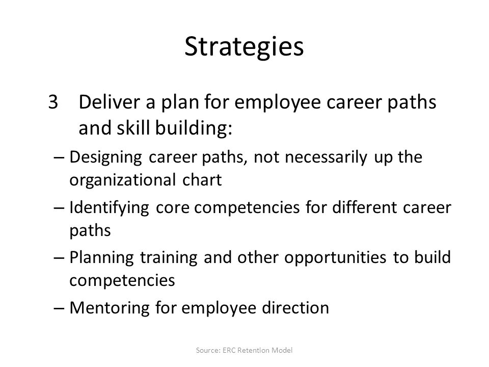Strategies 3Deliver a plan for employee career paths and skill building: – Designing career paths, not necessarily up the organizational chart – Identifying core competencies for different career paths – Planning training and other opportunities to build competencies – Mentoring for employee direction Source: ERC Retention Model