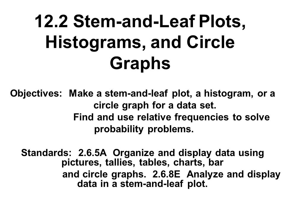 12.2 Stem-and-Leaf Plots, Histograms, and Circle Graphs Objectives: Make a stem-and-leaf plot, a histogram, or a circle graph for a data set.