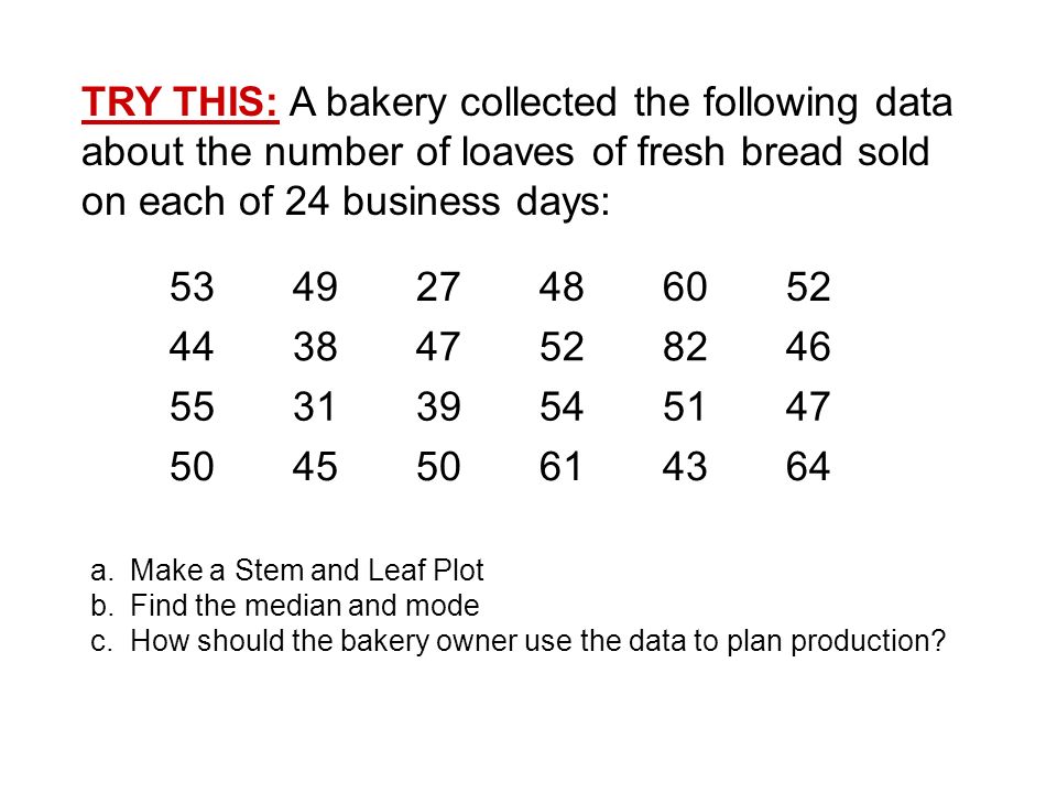 TRY THIS: A bakery collected the following data about the number of loaves of fresh bread sold on each of 24 business days: a.Make a Stem and Leaf Plot b.Find the median and mode c.How should the bakery owner use the data to plan production