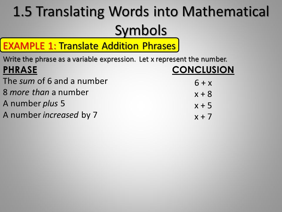 EXAMPLE 1: Translate Addition Phrases Write the phrase as a variable expression.