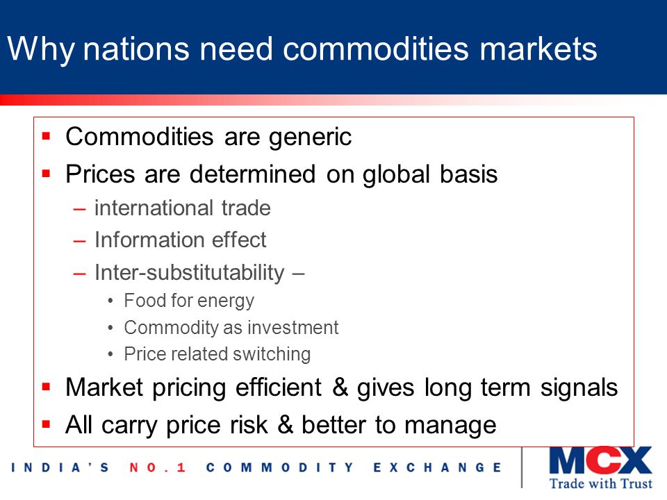Why nations need commodities markets  Commodities are generic  Prices are determined on global basis –international trade –Information effect –Inter-substitutability – Food for energy Commodity as investment Price related switching  Market pricing efficient & gives long term signals  All carry price risk & better to manage
