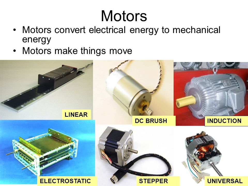 Electric Motors and Motion Control Ara Knaian. Motors Motors convert  electrical energy to mechanical energy Motors make things move LINEAR  ELECTROSTATIC. - ppt download