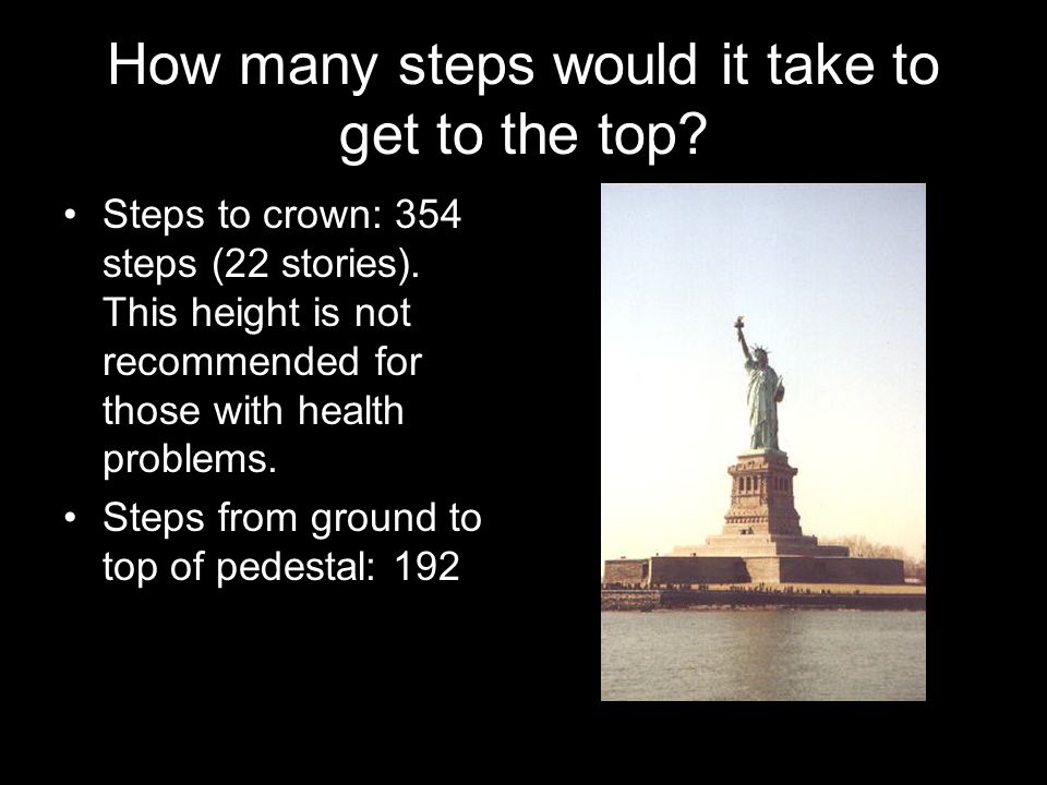 How many steps would it take to get to the top. Steps to crown: 354 steps (22 stories).