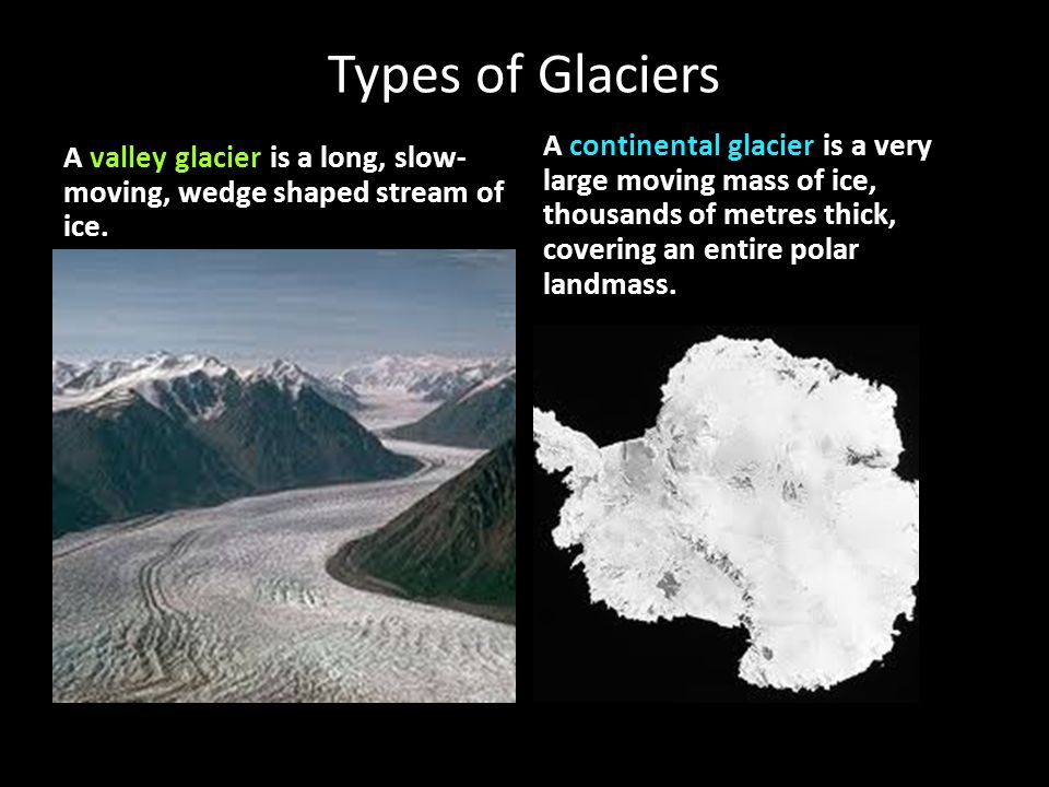 Types of Glaciers A valley glacier is a long, slow- moving, wedge shaped stream of ice.