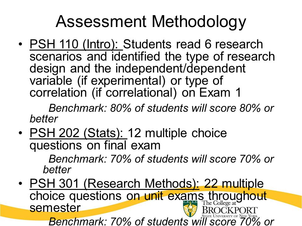 Assessment Methodology PSH 110 (Intro): Students read 6 research scenarios and identified the type of research design and the independent/dependent variable (if experimental) or type of correlation (if correlational) on Exam 1 Benchmark: 80% of students will score 80% or better PSH 202 (Stats): 12 multiple choice questions on final exam Benchmark: 70% of students will score 70% or better PSH 301 (Research Methods): 22 multiple choice questions on unit exams throughout semester Benchmark: 70% of students will score 70% or better