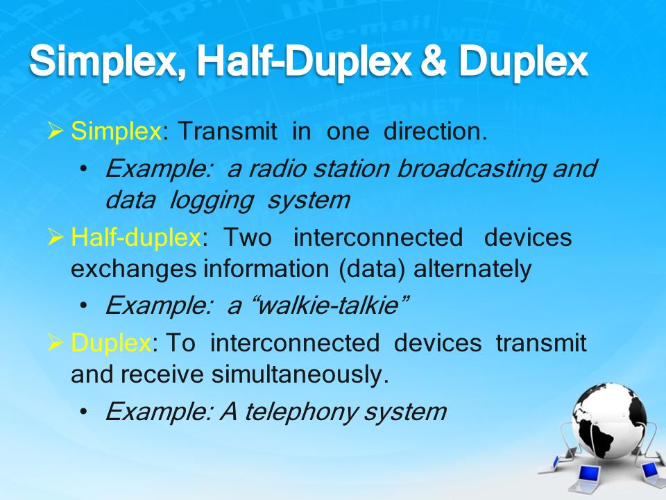 Simplex, Half Duplex & Duplex Serial & Parallel transmission Synchronous &  Asynchronous Bit & Baud Rate. - ppt download