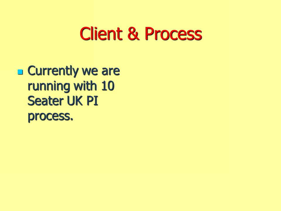 Client & Process Currently we are running with 10 Seater UK PI process.