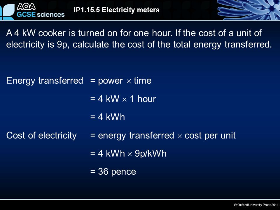 © Oxford University Press 2011 IP Electricity meters A 4 kW cooker is turned on for one hour.