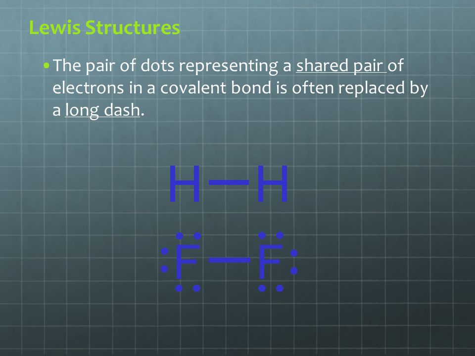 Lewis Structures The pair of dots representing a shared pair of electrons in a covalent bond is often replaced by a long dash.