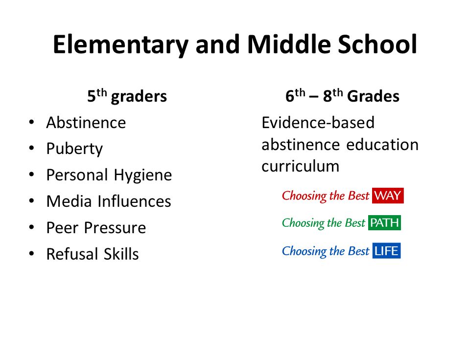 Elementary and Middle School 5 th graders Abstinence Puberty Personal Hygiene Media Influences Peer Pressure Refusal Skills 6 th – 8 th Grades Evidence-based abstinence education curriculum