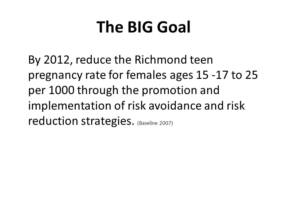 The BIG Goal By 2012, reduce the Richmond teen pregnancy rate for females ages to 25 per 1000 through the promotion and implementation of risk avoidance and risk reduction strategies.
