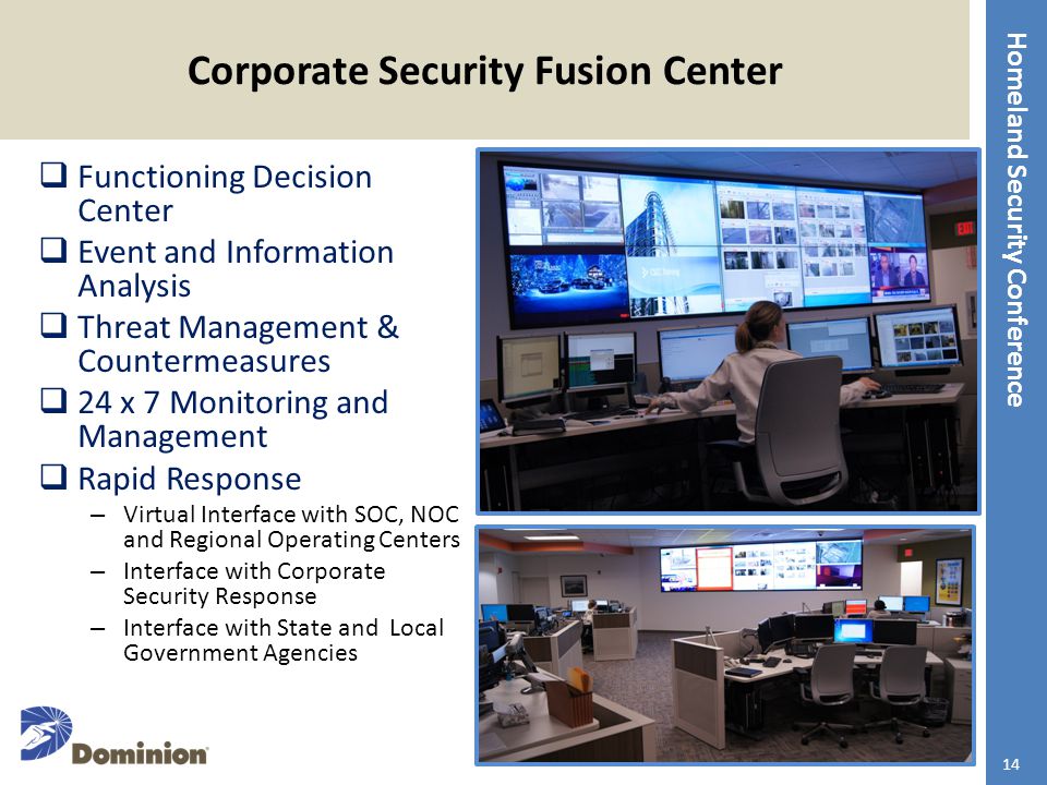 Homeland Security Conference Corporate Security Fusion Center  Functioning Decision Center  Event and Information Analysis  Threat Management & Countermeasures  24 x 7 Monitoring and Management  Rapid Response – Virtual Interface with SOC, NOC and Regional Operating Centers – Interface with Corporate Security Response – Interface with State and Local Government Agencies 14