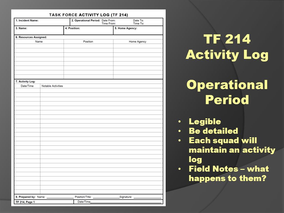 TF 214 Activity Log Operational Period Legible Be detailed Each squad will maintain an activity log Field Notes – what happens to them