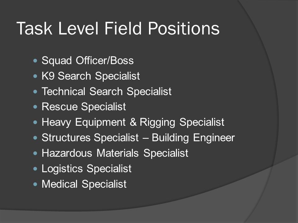 Task Level Field Positions Squad Officer/Boss K9 Search Specialist Technical Search Specialist Rescue Specialist Heavy Equipment & Rigging Specialist Structures Specialist – Building Engineer Hazardous Materials Specialist Logistics Specialist Medical Specialist