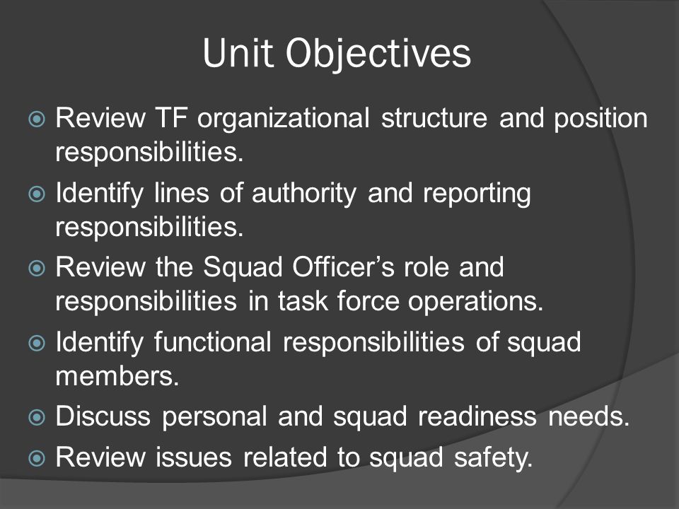 Unit Objectives  Review TF organizational structure and position responsibilities.