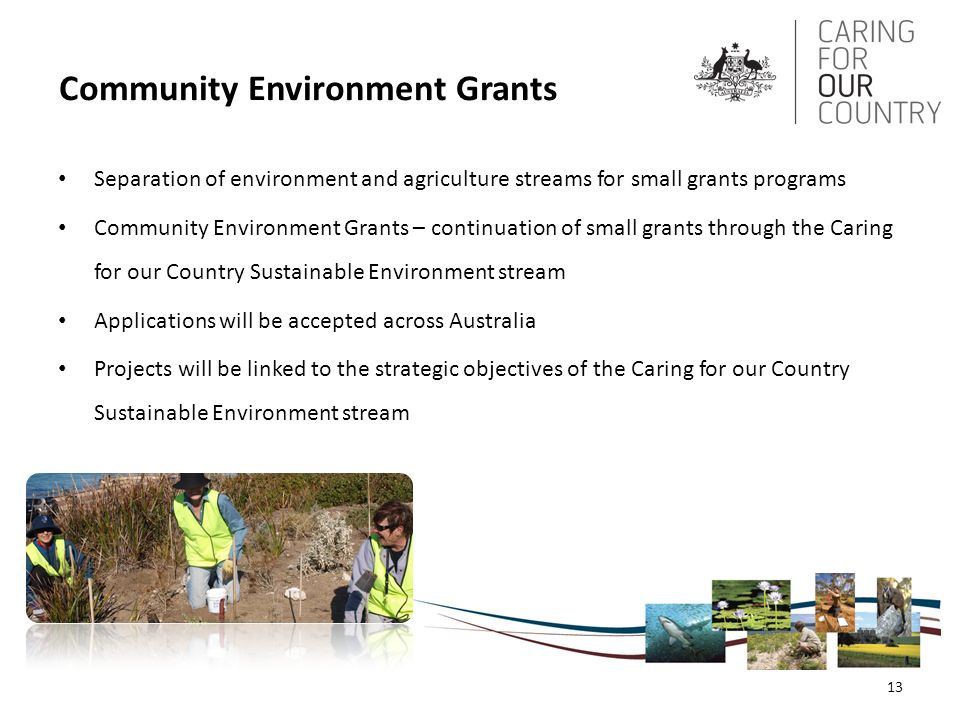 Community Environment Grants Separation of environment and agriculture streams for small grants programs Community Environment Grants – continuation of small grants through the Caring for our Country Sustainable Environment stream Applications will be accepted across Australia Projects will be linked to the strategic objectives of the Caring for our Country Sustainable Environment stream 13