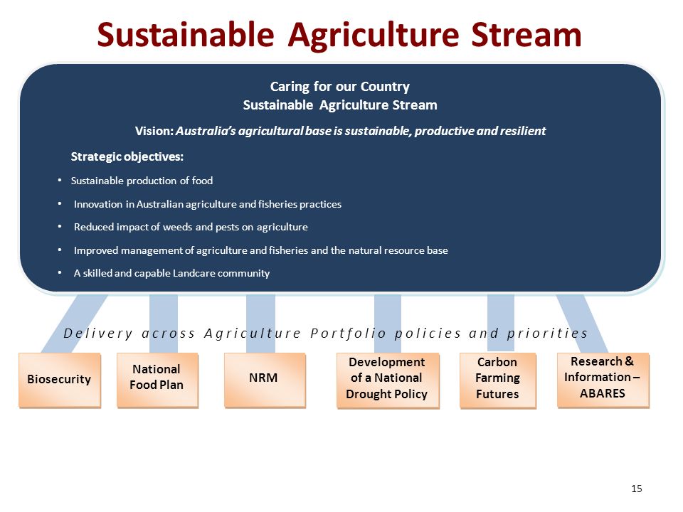 National Food Plan Biosecurity Development of a National Drought Policy Carbon Farming Futures Research & Information – ABARES Research & Information – ABARES NRM Caring for our Country Sustainable Agriculture Stream Vision: Australia’s agricultural base is sustainable, productive and resilient Strategic objectives: Sustainable production of food Innovation in Australian agriculture and fisheries practices Reduced impact of weeds and pests on agriculture Improved management of agriculture and fisheries and the natural resource base A skilled and capable Landcare community Caring for our Country Sustainable Agriculture Stream Vision: Australia’s agricultural base is sustainable, productive and resilient Strategic objectives: Sustainable production of food Innovation in Australian agriculture and fisheries practices Reduced impact of weeds and pests on agriculture Improved management of agriculture and fisheries and the natural resource base A skilled and capable Landcare community Delivery across Agriculture Portfolio policies and priorities Sustainable Agriculture Stream 15