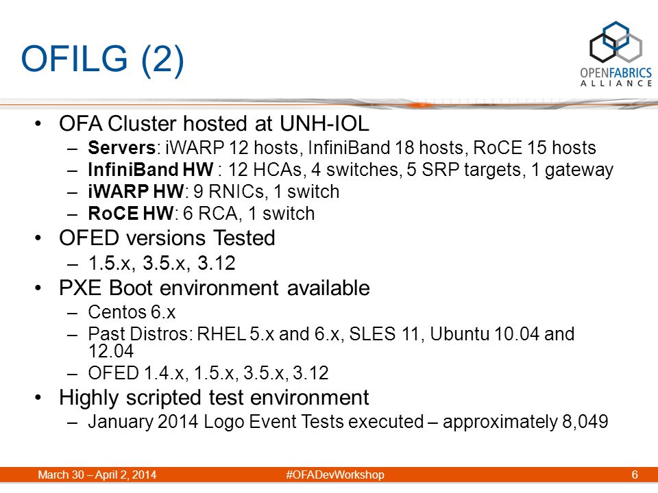 OFILG (2) OFA Cluster hosted at UNH-IOL –Servers: iWARP 12 hosts, InfiniBand 18 hosts, RoCE 15 hosts –InfiniBand HW : 12 HCAs, 4 switches, 5 SRP targets, 1 gateway –iWARP HW: 9 RNICs, 1 switch –RoCE HW: 6 RCA, 1 switch OFED versions Tested –1.5.x, 3.5.x, 3.12 PXE Boot environment available –Centos 6.x –Past Distros: RHEL 5.x and 6.x, SLES 11, Ubuntu and –OFED 1.4.x, 1.5.x, 3.5.x, 3.12 Highly scripted test environment –January 2014 Logo Event Tests executed – approximately 8,049 6 March 30 – April 2, 2014#OFADevWorkshop