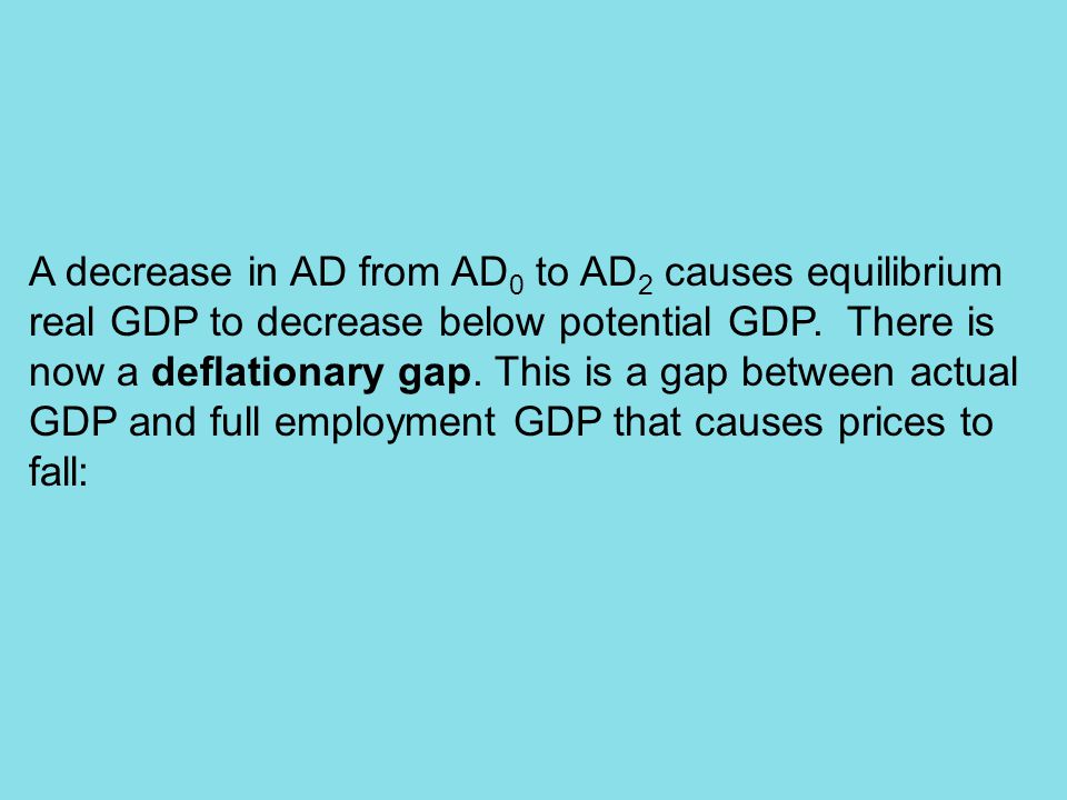 A decrease in AD from AD 0 to AD 2 causes equilibrium real GDP to decrease below potential GDP.