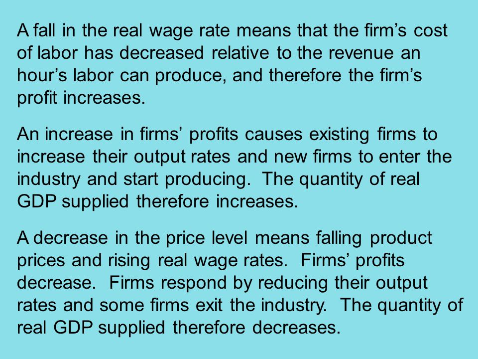A fall in the real wage rate means that the firm’s cost of labor has decreased relative to the revenue an hour’s labor can produce, and therefore the firm’s profit increases.