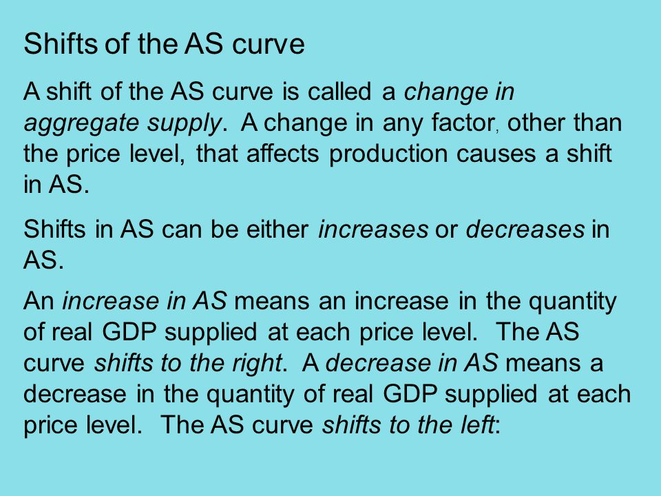 Shifts of the AS curve A shift of the AS curve is called a change in aggregate supply.