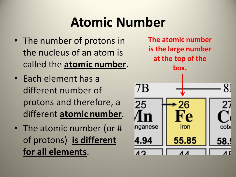 Atomic Number The number of protons in the nucleus of an atom is called the atomic number.