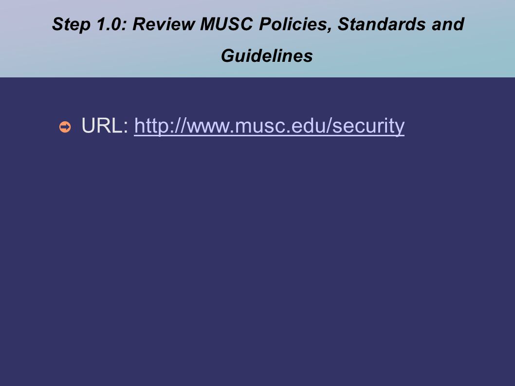 Step 1.0: Review MUSC Policies, Standards and Guidelines ➲ URL: