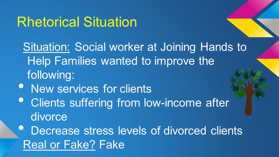 Rhetorical Situation Situation: Social worker at Joining Hands to Help Families wanted to improve the following: New services for clients Clients suffering from low-income after divorce Decrease stress levels of divorced clients Real or Fake.