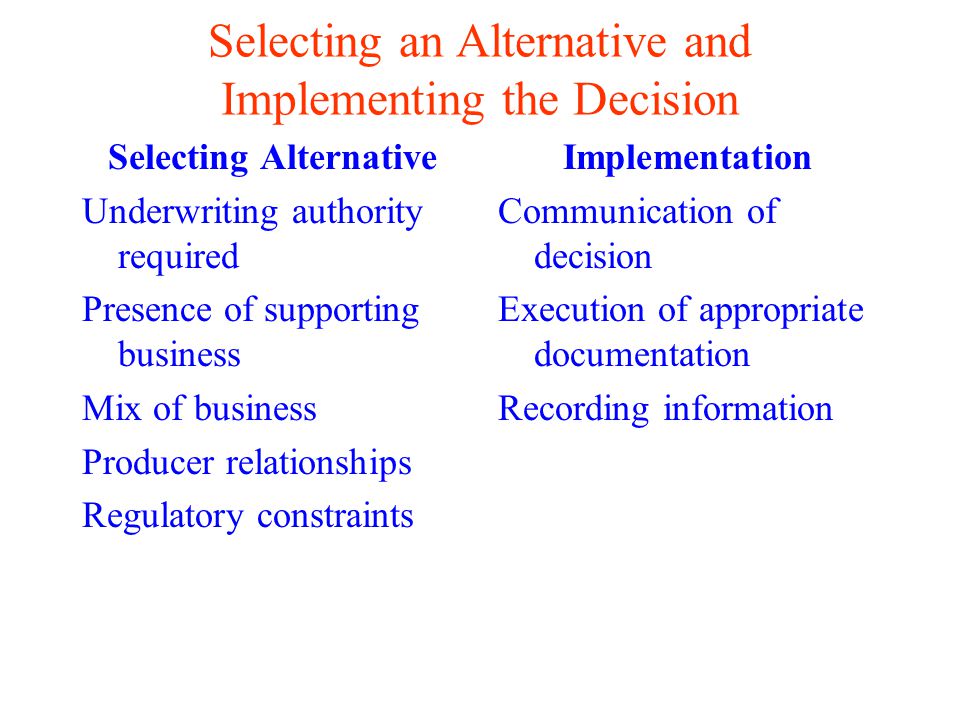 Selecting an Alternative and Implementing the Decision Selecting Alternative Underwriting authority required Presence of supporting business Mix of business Producer relationships Regulatory constraints Implementation Communication of decision Execution of appropriate documentation Recording information