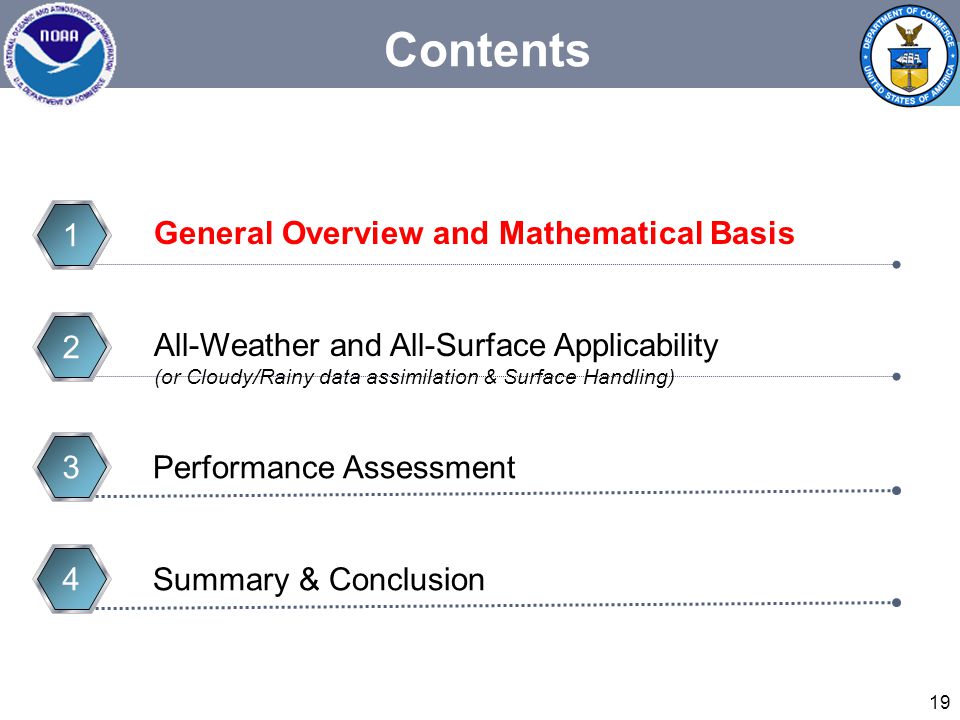 19 Contents All-Weather and All-Surface Applicability (or Cloudy/Rainy data assimilation & Surface Handling) 2Performance Assessment3 General Overview and Mathematical Basis 1Summary & Conclusion4