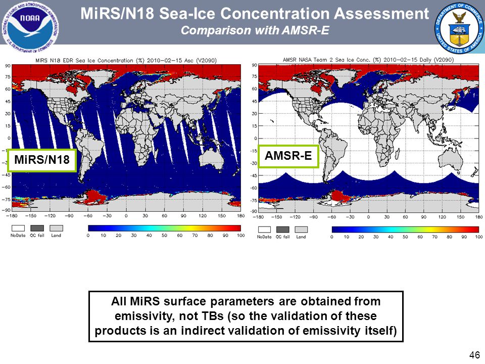 46 MiRS/N18 Sea-Ice Concentration Assessment Comparison with AMSR-E MiRS/N18 AMSR-E All MiRS surface parameters are obtained from emissivity, not TBs (so the validation of these products is an indirect validation of emissivity itself)