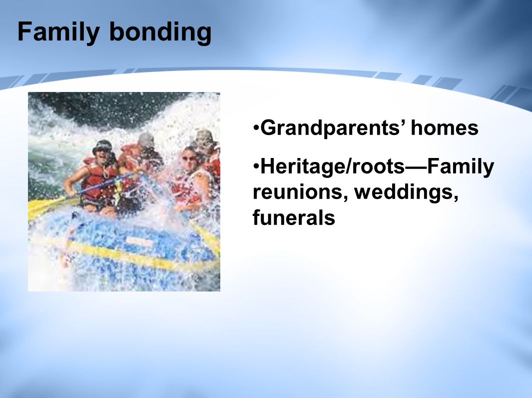 Family bonding Grandparents’ homes Heritage/roots—Family reunions, weddings, funerals