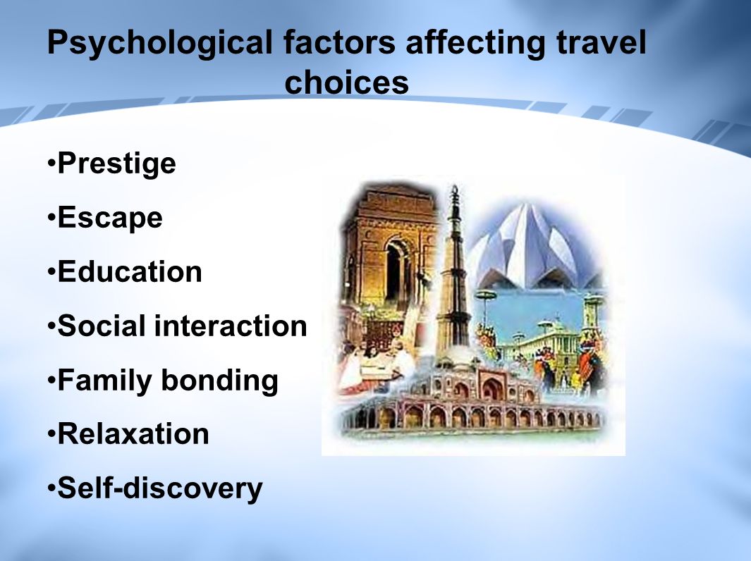 Psychological factors affecting travel choices Prestige Escape Education Social interaction Family bonding Relaxation Self-discovery