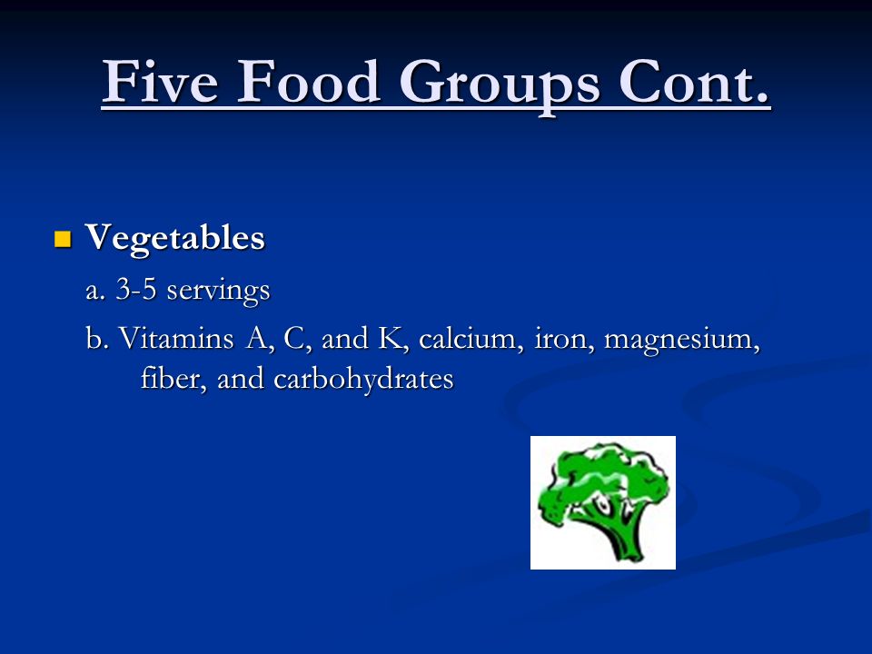 Five Food Groups Cont. Vegetables Vegetables a. 3-5 servings b.